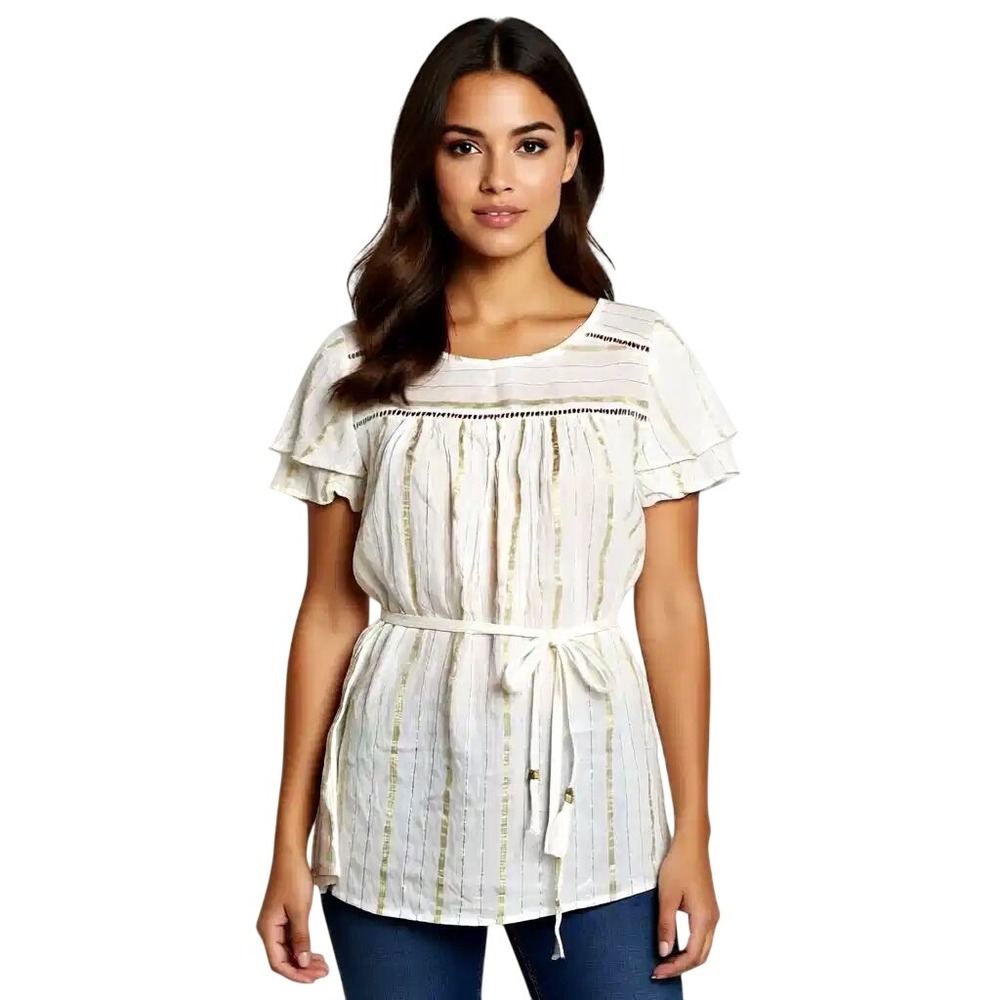 Jessica Simpson Maternity Top White Gold Stripe Flutter‎ Sleeve Belted Tunic L